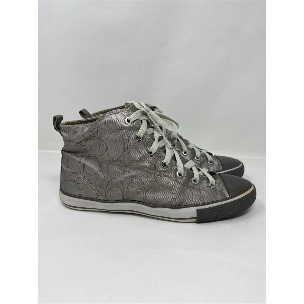 Coach Franca Metallic Silver Leather Canvas Logo Allover High Top Sneakers Sz 9